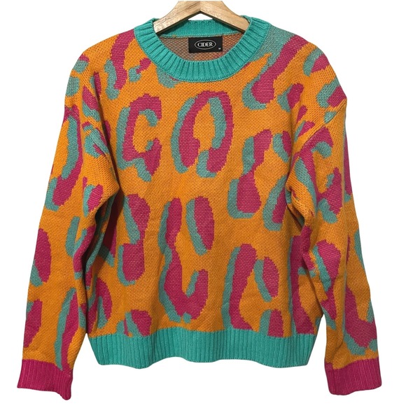 Cider Orange Pink Leopard Print Knit‎ Sweater Animal Print Colorful Neon Jumper - Picture 4 of 13